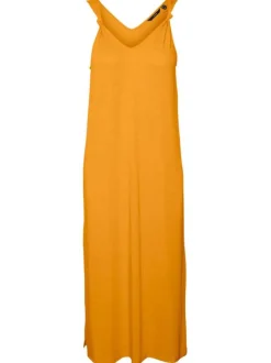 Robe mi-longue à larges bretelles jaune unie avec une coupe droite et un col v