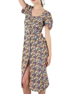 Robe mi-longue multicolore fleurie à coupe évasée col rond et à manches courtes