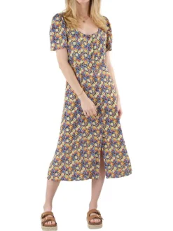 Robe mi-longue multicolore fleurie à coupe évasée col rond et à manches courtes
