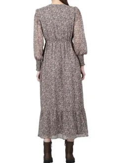 Robe mi-longue rose imprimé fleuri à coupe bohème et col cache-coeur
