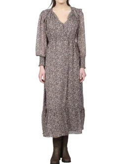Robe mi-longue rose imprimé fleuri à coupe bohème et col cache-coeur