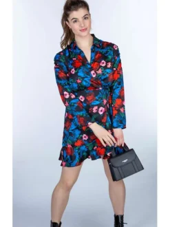 Robe portefeuille boutonnée à taille élastiquées, manches longues et ceinture ton sur ton