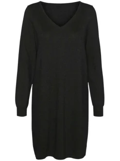 Robe pull mi-longue noire en maille pailletée avec une coupe droite et un col v