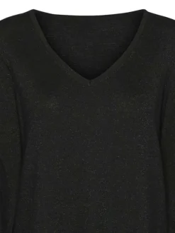 Robe pull mi-longue noire en maille pailletée avec une coupe droite et un col v