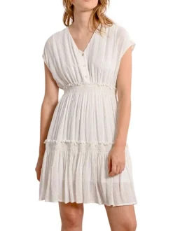 Robe sans manches courte blanche unie avec une coupe droite et un col v