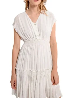 Robe sans manches courte blanche unie avec une coupe droite et un col v