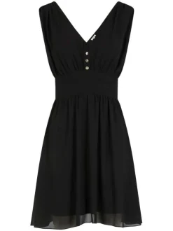 Robe sans manches courte noire unie avec une coupe droite et un col v