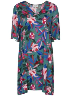 Robe verte coupe courte à col v avec motif floral multicolore all over