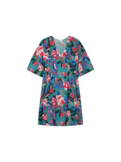 Robe verte coupe courte à col v avec motif floral multicolore all over