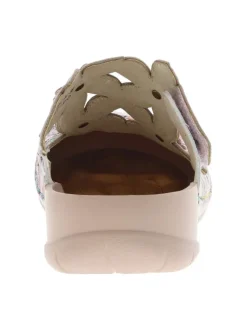 Sabot en cuir beige et rose à semelle semi-compensée et bande auto-agrippante