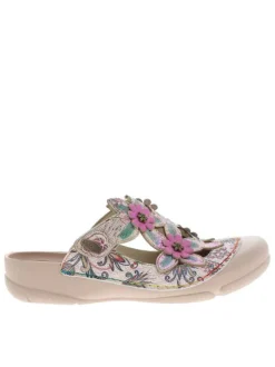 Sabot en cuir beige et rose à semelle semi-compensée et bande auto-agrippante