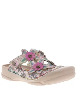 Sabot en cuir beige et rose à semelle semi-compensée et bande auto-agrippante