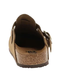 Sabots camel en cuir avec un talon plat et une boucle à ardillon