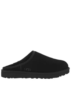 Sabots en cuir noir à talon plat et à slip-on avec de la fourrure synthétique