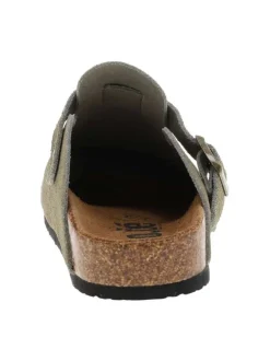 Sabots Sahara en cuir kaki avec une semelle plate et à boucle à ardillon