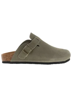 Sabots Sahara en cuir kaki avec une semelle plate et à boucle à ardillon