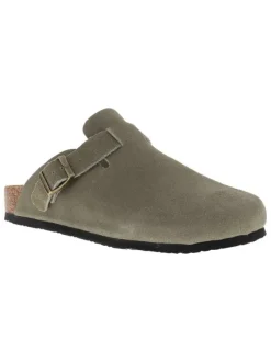 Sabots Sahara en cuir kaki avec une semelle plate et à boucle à ardillon