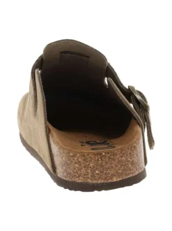 Sabots Sahara en cuir taupe avec un talon plat et à boucle à ardillon