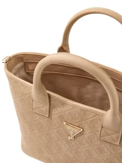 Sac à main beige orné d'un motif monogramme et pourvu d'un porte-monnaies