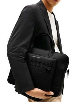 Sac porte documents noir pourvu d'un motif en relief avec bandoulière amovible
