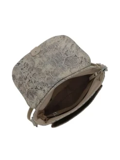 Sac bandouliere beige animalier avec un zip et un rabat pression