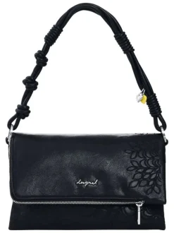 Sac bandouliere noir avec des motifs floraux muni d'une anse