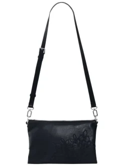 Sac bandouliere noir avec des motifs floraux muni d'une anse