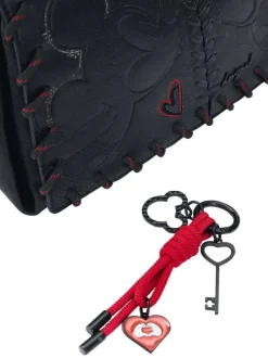 Sac bandouliere noir à imprimé pourvu d'une anse rouge et noire