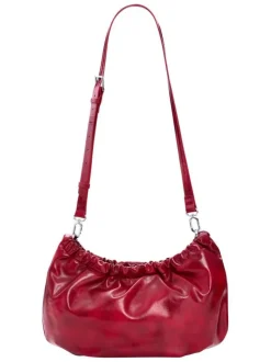 Sac bandouliere rouge uni pourvu d'une anse bicolore tressée