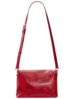 Sac bandouliere rouge uni pourvu d'une anse bicolore tressée