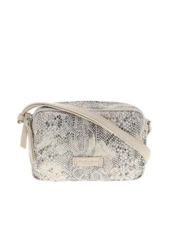 Sac à bandoulière beige animalier avec un patch de la marque à l'avant