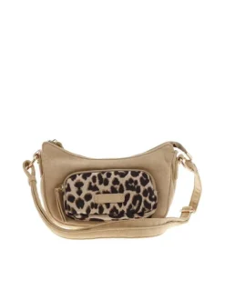 Sac bandoulière beige avec motif léopard sur la poche avant