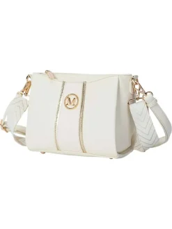 Sac à bandoulière blanc uni avec fermeture à zip et un logo doré