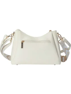 Sac à bandoulière blanc uni avec une fermeture à zip et logo doré