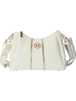 Sac à bandoulière blanc uni avec une fermeture à zip et logo doré