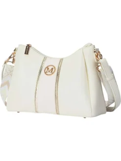Sac à bandoulière blanc uni avec une fermeture à zip et logo doré