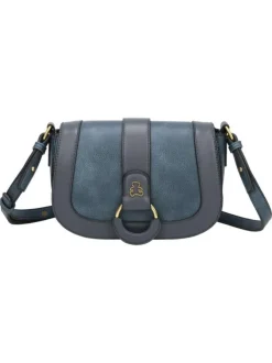 Sac à bandoulière bleu avec rabat à pression et logo de la marque