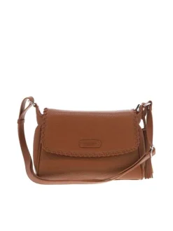 Sac bandoulière camel uni avec pression et patch du logo de la marque