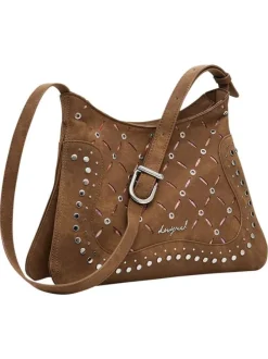 Sac à bandoulière camel zippé avec des œillets et des clous décoratifs