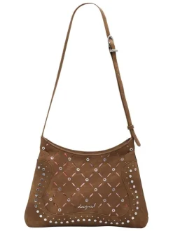 Sac à bandoulière camel zippé avec des œillets et des clous décoratifs
