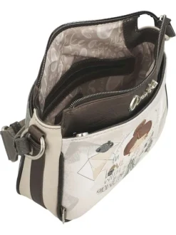 Sac à bandoulière écru imprimé avec des poches zippées à l'avant et à l'arrière