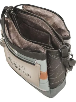 Sac à bandoulière écru imprimé avec un logo de la marque métallique à l'avant