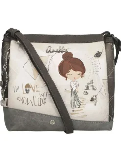 Sac à bandoulière écru imprimé avec un logo de la marque métallique à l'avant