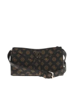 Sac à bandoulière marron avec monogrammes beiges all-over et zippé