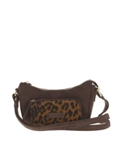 Sac bandoulière marron avec motif léopard sur la poche avant