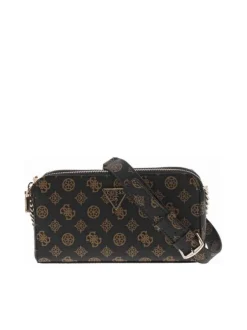Sac à bandoulière marron grainé à imprimé monogrammes et à double zip
