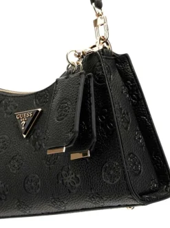 Sac bandoulière noir avec monogrammes gravés et logo métallique