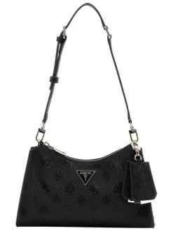 Sac bandoulière noir avec monogrammes gravés et logo métallique
