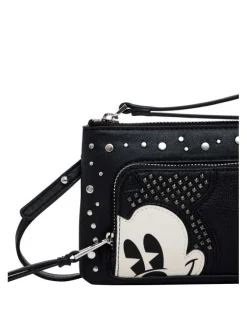 Sac bandoulière noir effet cuir avec poches zippées et visage de Mickey brodé