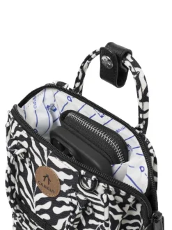 Sac à bandoulière noir et blanc motif végétal pourvu d'une fermeture zippée